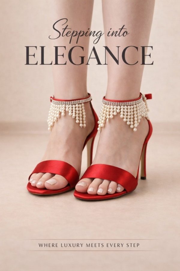 Üst Materyal: Göz alıcı ve parlak kırmızı saten kumaş. İnci Saçak Detayı: Bilek bandında kristal taşlarla zenginleştirilmiş, hareketli inci saçaklar. Topuk: 10 cm zarif yüksek topuk tasarımı. İşçilik: Dayanıklılık ve estetik için özel tekniklerle birleştirilmiş el işçiliği