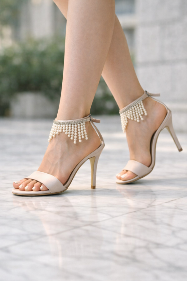 Bej Saten El Dikimi İnci Saçaklı Hakiki Deri Tabanlı Abiye Ayakkabı